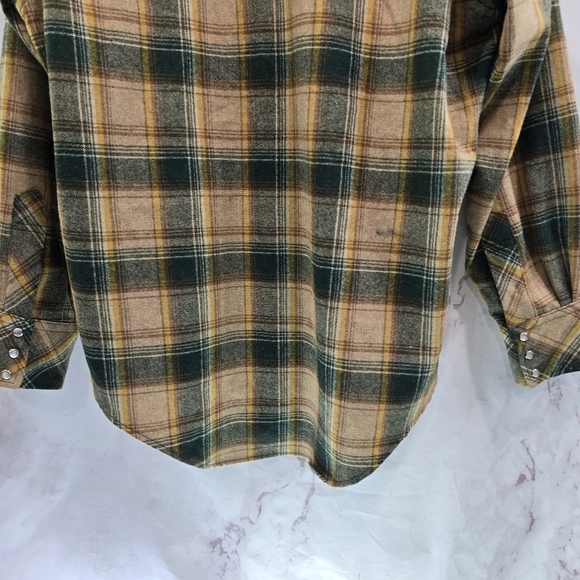 West Wool Shirt Mens XL Long Yellow Green 70s Pearl Snap Plaid Western Point - Picture 7 of 12
